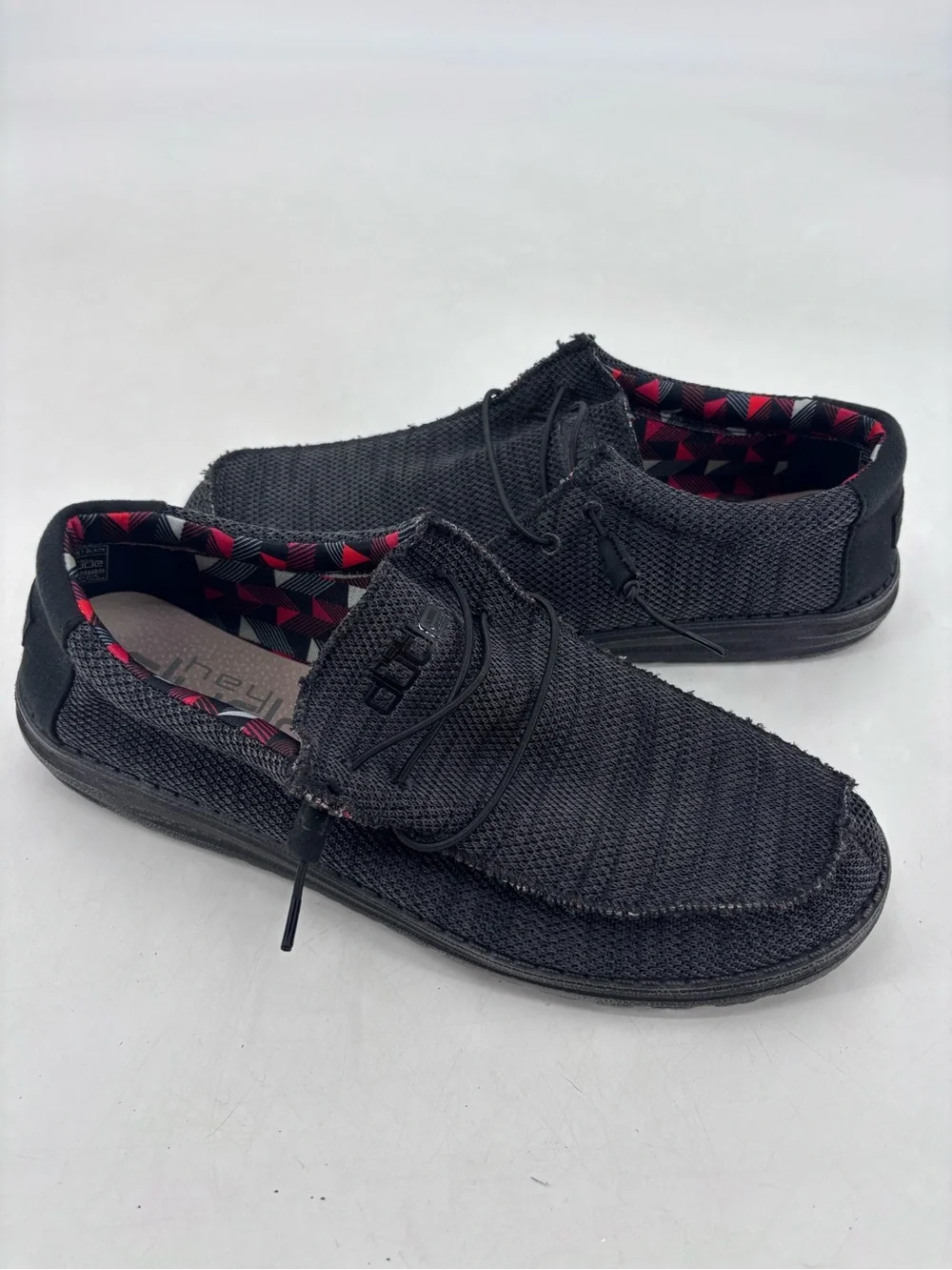 Hey Dude Wally Stretch Mesh Sox Jet Black Plaid Slip On Chukka Loafers Size 13